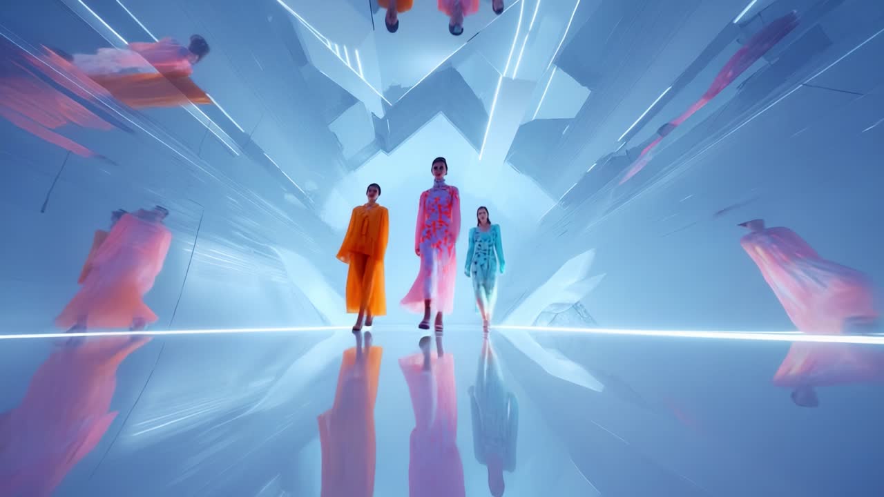 A Captivating Journey Through a Futuristic Fashion Scene Showcasing Stunning Models in Vibrant, Ethereal Outfits, Set Against a Visually Striking Ultra-Modern Backdrop with Dynamic Lighting Effects
