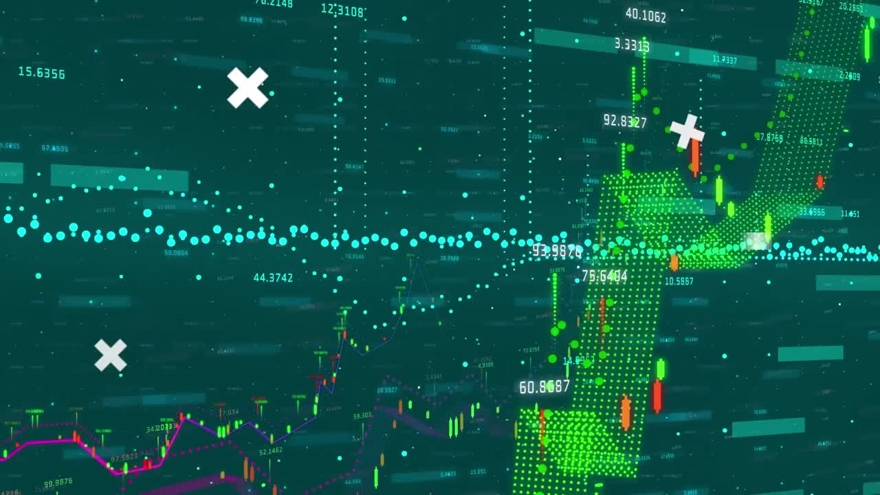 추상적인 배경에 숫자가 있는 여러 그래프에서 추상적인 패턴을 움직이는 애니메이션