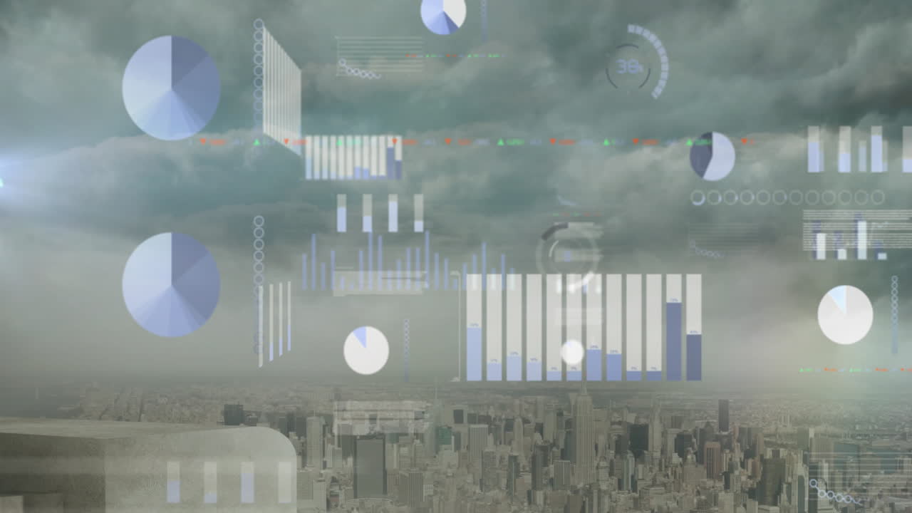 Data analytics and graphs animation over cityscape with cloudy sky