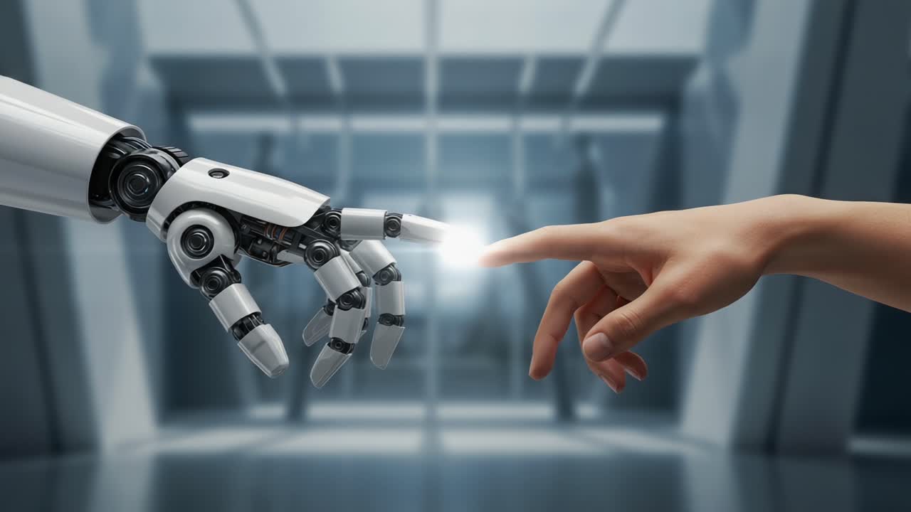 A Symbolic Connection between Humanity and Technology: The Touch of a Human Hand Interacting with a Futuristic Robotic Arm in an Ultra-Modern Environment