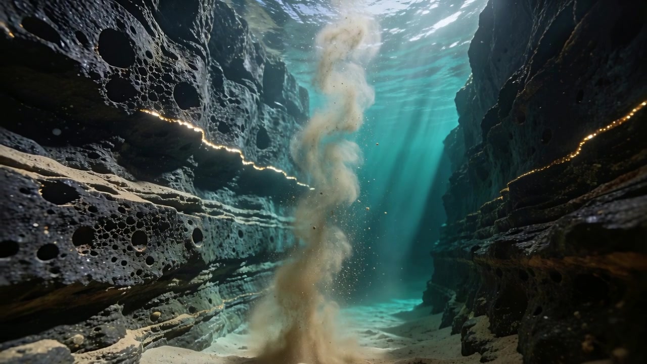 Vórtice de sedimento ascendente formándose por la agitación del lecho marino, en espiral en un cañón sumergido, capturando la luz del sol