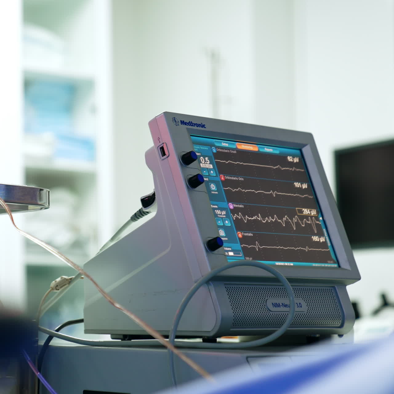 Switched on apparatuses working in the operational room. Equipment in surgery room in modern hospital.