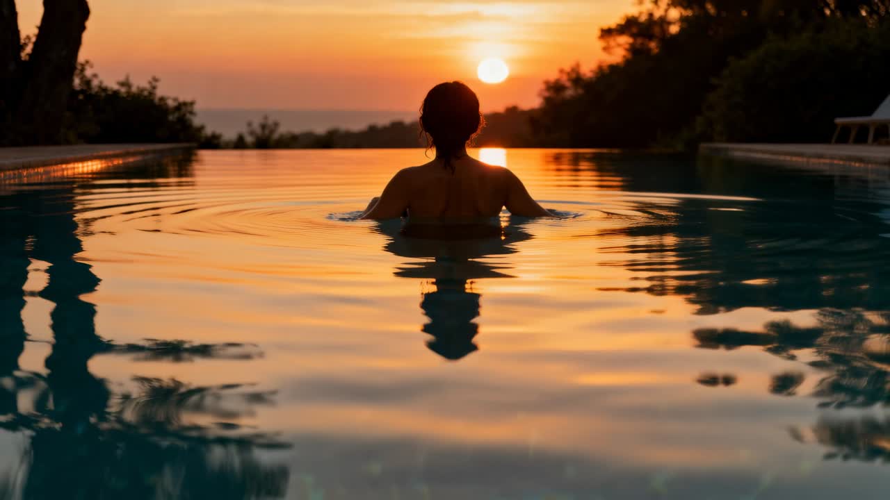 Frau im Badeanzug bewegt Arme in einem Infinity-Pool, während die Sonne sich dem Horizont nähert und Wellen erzeugt