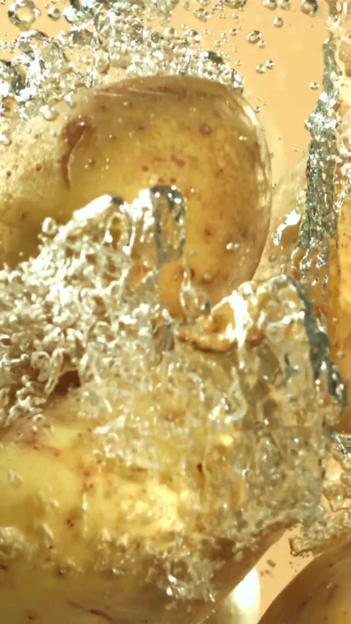 Patate fresche che cadono nell'acqua con bolle al rallentatore