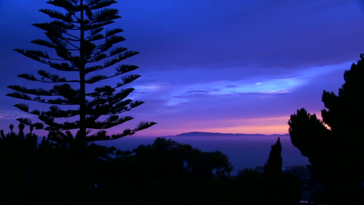 lapso de tiempo de una silueta de árboles con el océano y las islas en la distancia desde justo después del atardecer hasta la tarde
