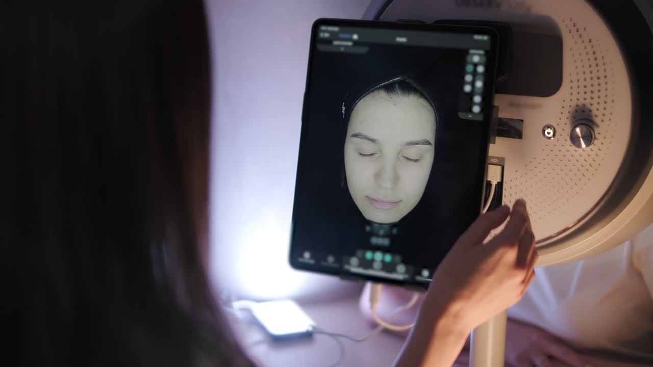 cosmetologista a fazer um exame facial sob uma lâmpada