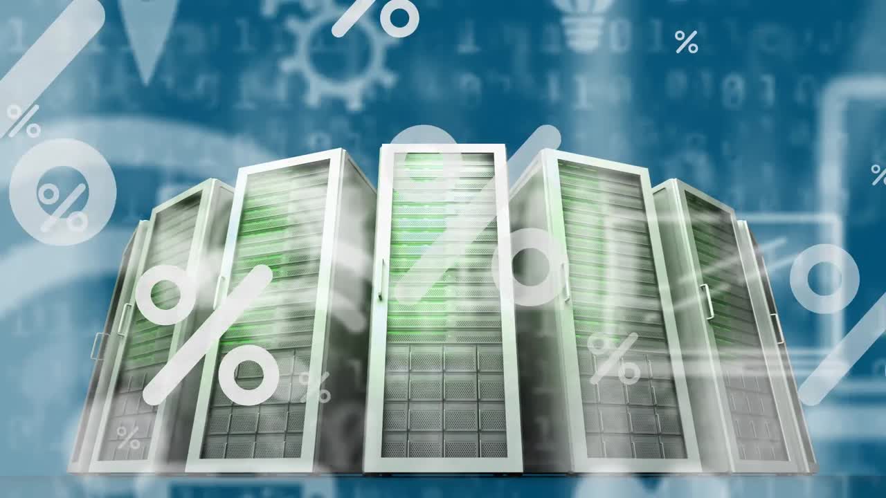 키보드에 타이핑하는 백인 여성 위의 기술 아이콘의 애니메이션