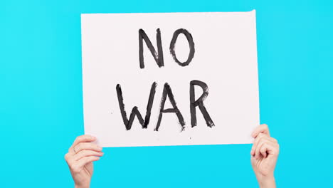 hands, opinion and sign for war protest in studio