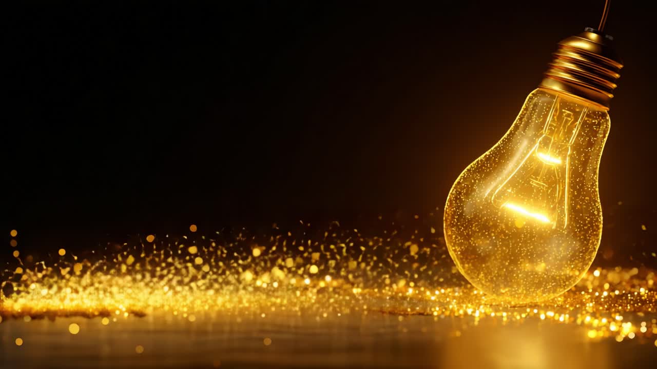 A mesmerizing close-up view of a glowing light bulb surrounded by shimmering golden particles, capturing the essence of illumination and creativity in a dark setting
