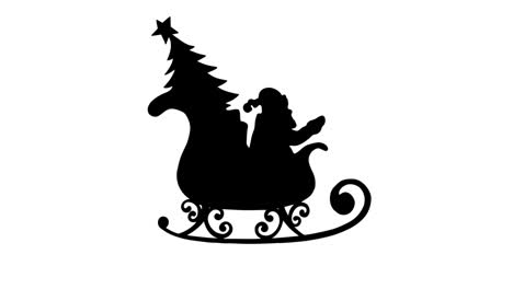 animation of black silhouette of santa claus in sleigh with christmas tree on white background