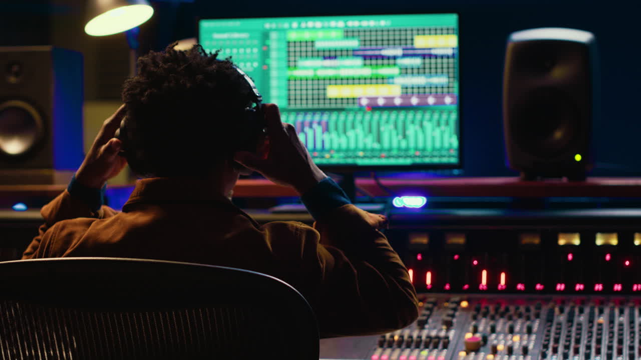 Sound designer editing tracks by adjusting volume levels with panel board knobs