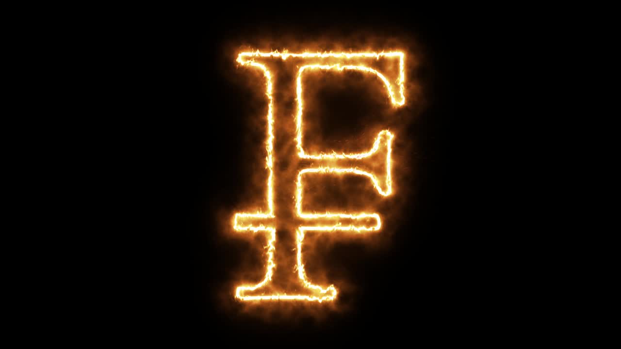 símbolo de franco de llama ardiente. símbol de franco francés hecho de llama de fuego. fuente de quema ardiente o texto alfabético de hoguera con efecto de calor ardiente y brillante. representación 3d.