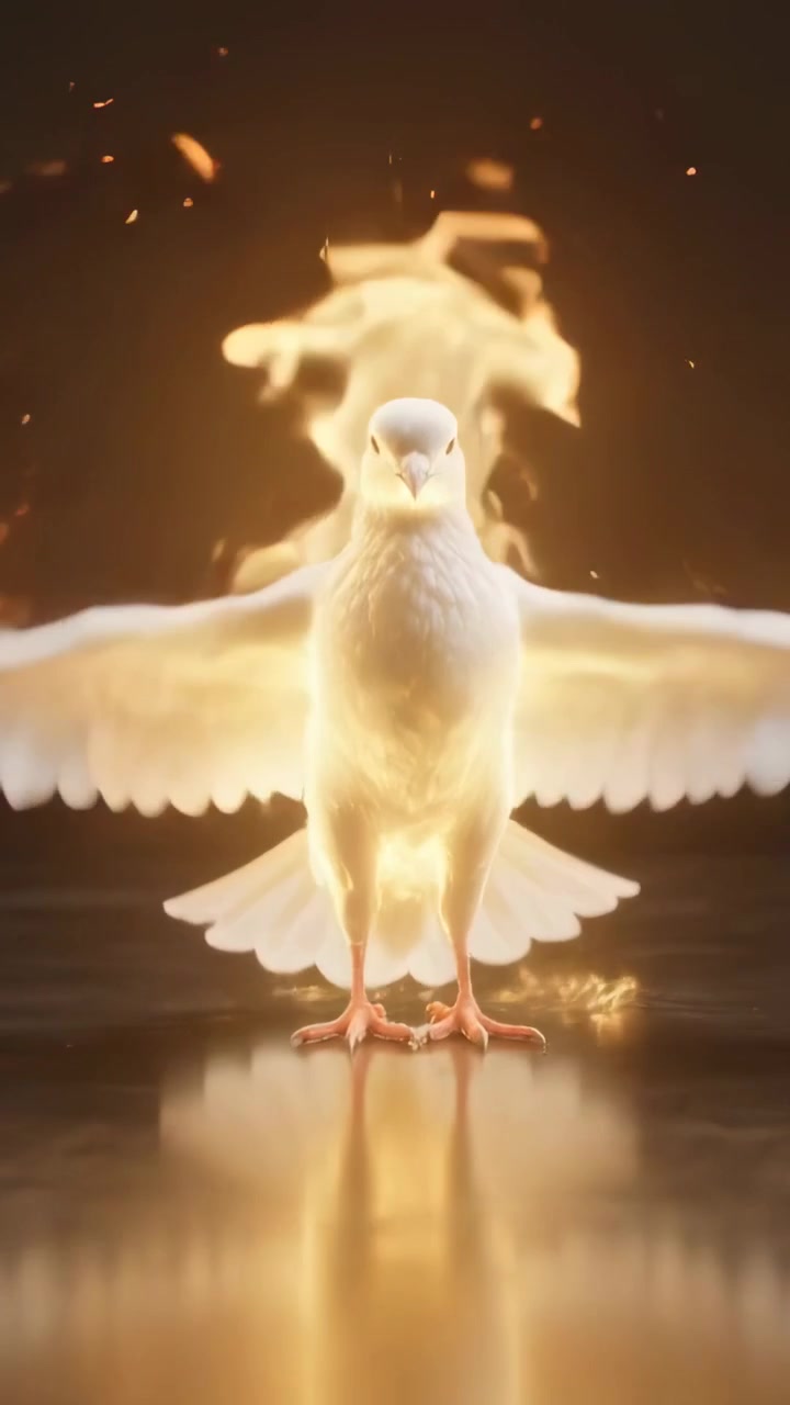 Vertical video: Embers rising, white dove lifting wings on shiny floor responding to fire and glow