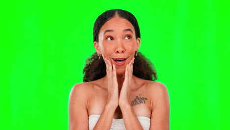 wow, surprised and happy woman on green screen