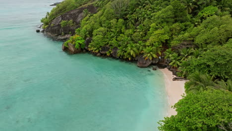 aerial view of small exotic beach surrounded by green lush vegetation in the seychelles