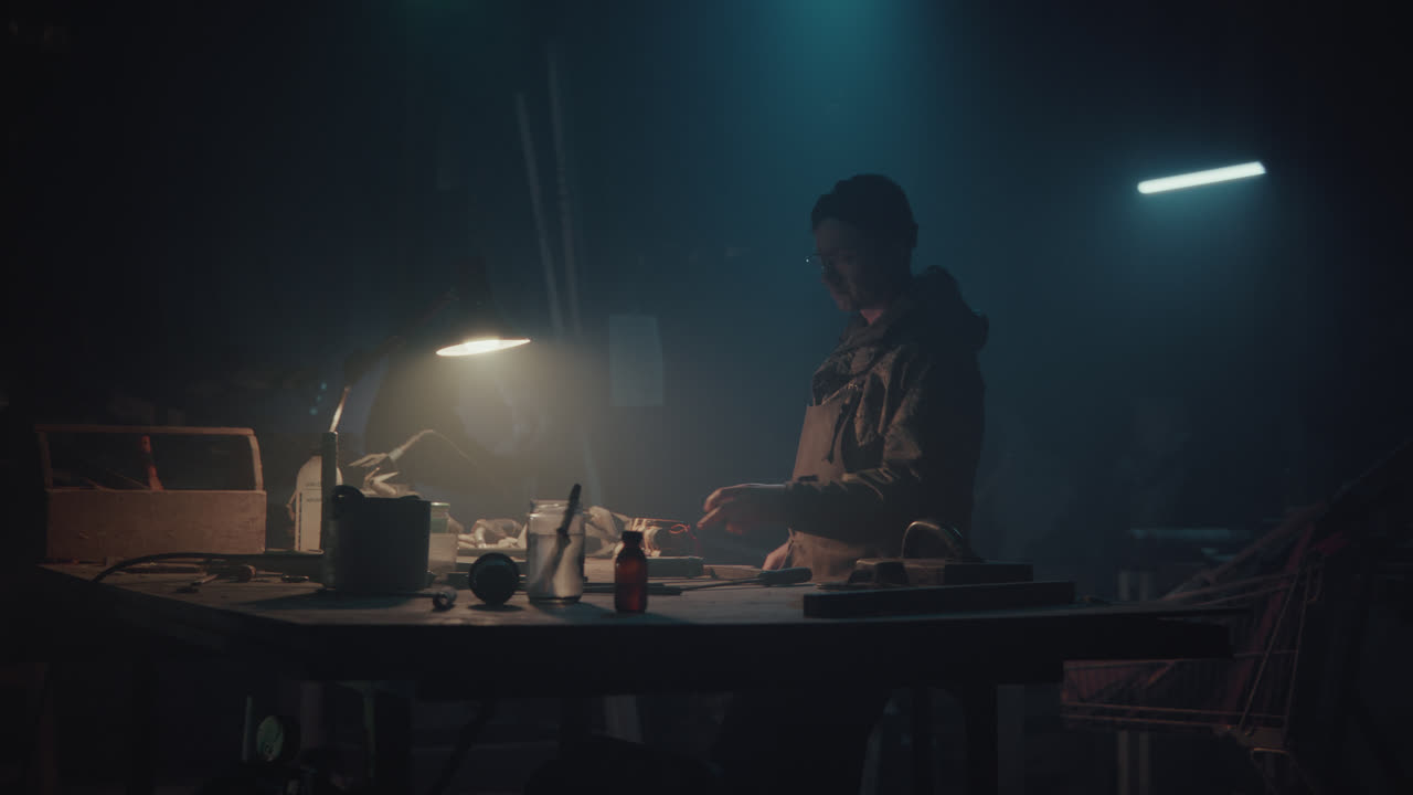 A bombmaker assembles a bomb in his workshop at night