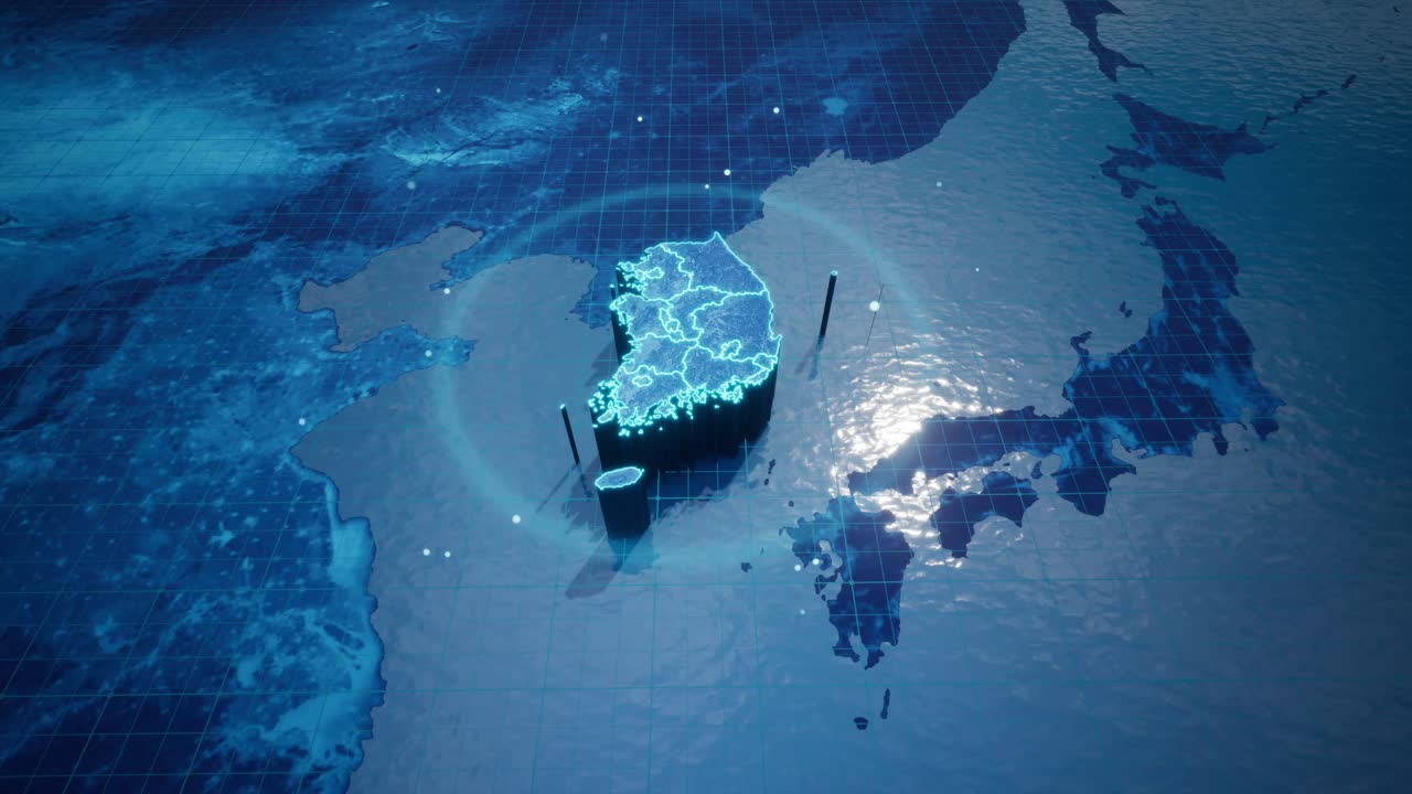 낙서, 파란색 네온 스타일로 테두리가 있는 한국의 추상적 기하학적 미래 개념 3d 지도