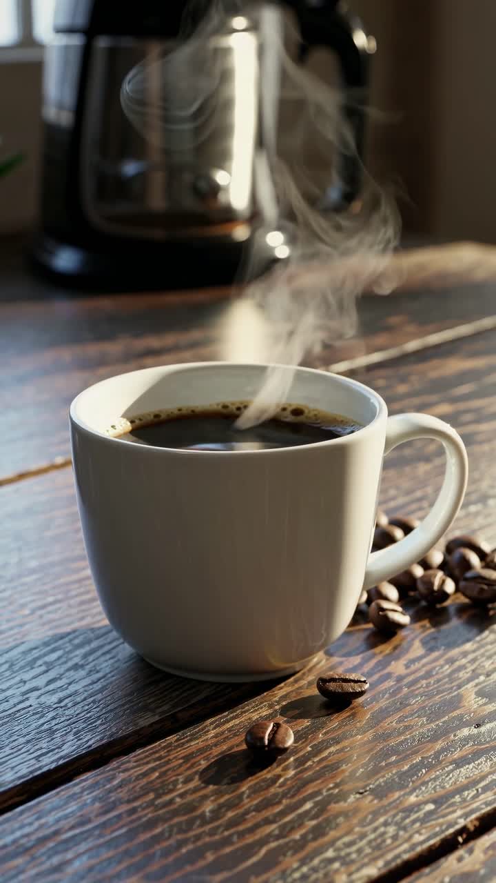 Indbydende og varmt videokoncept af en dampende kaffekop på et rustikt træbord