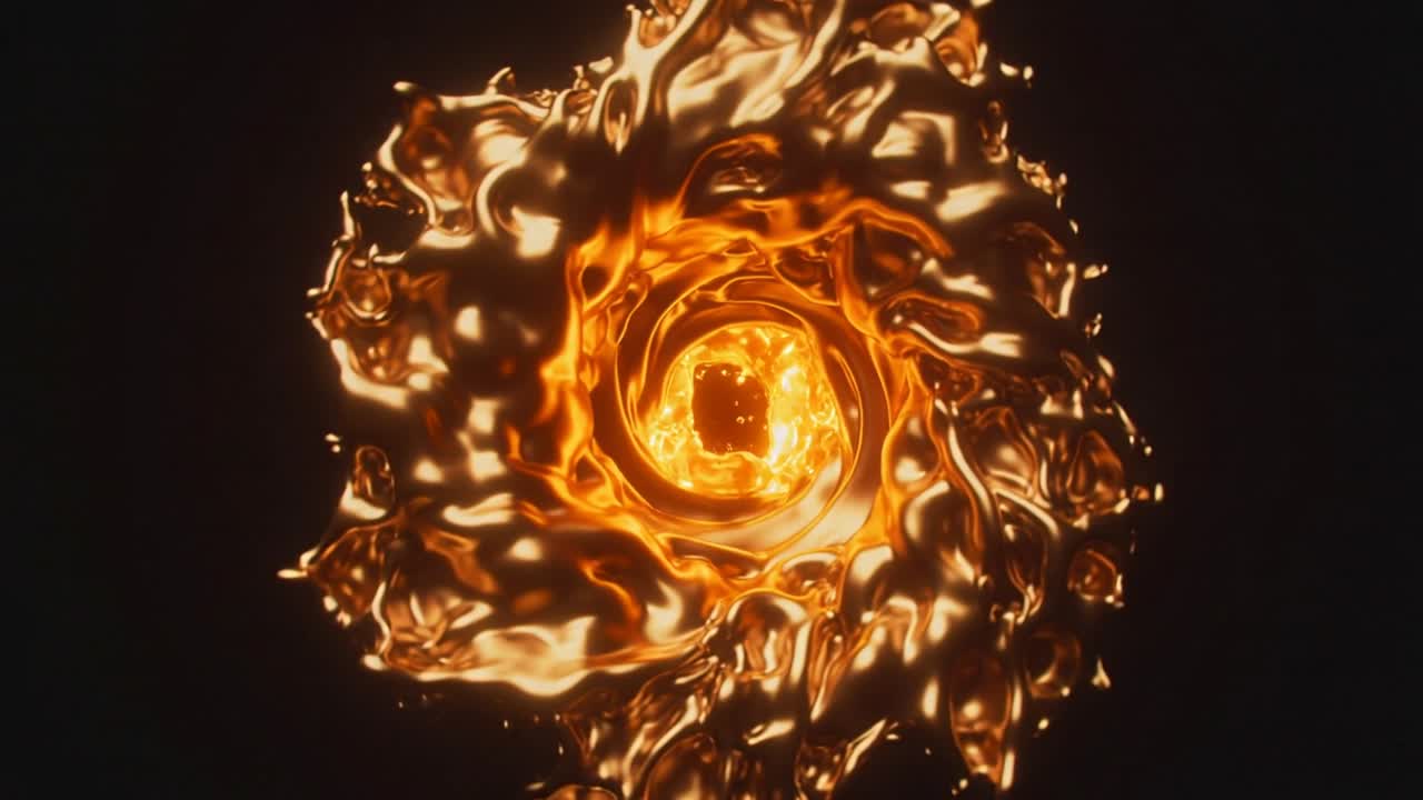 Nucleo incandescente che pulsa ed emette calore, con petali d'oro fuso che formano una spirale, mettendo in risalto il design.