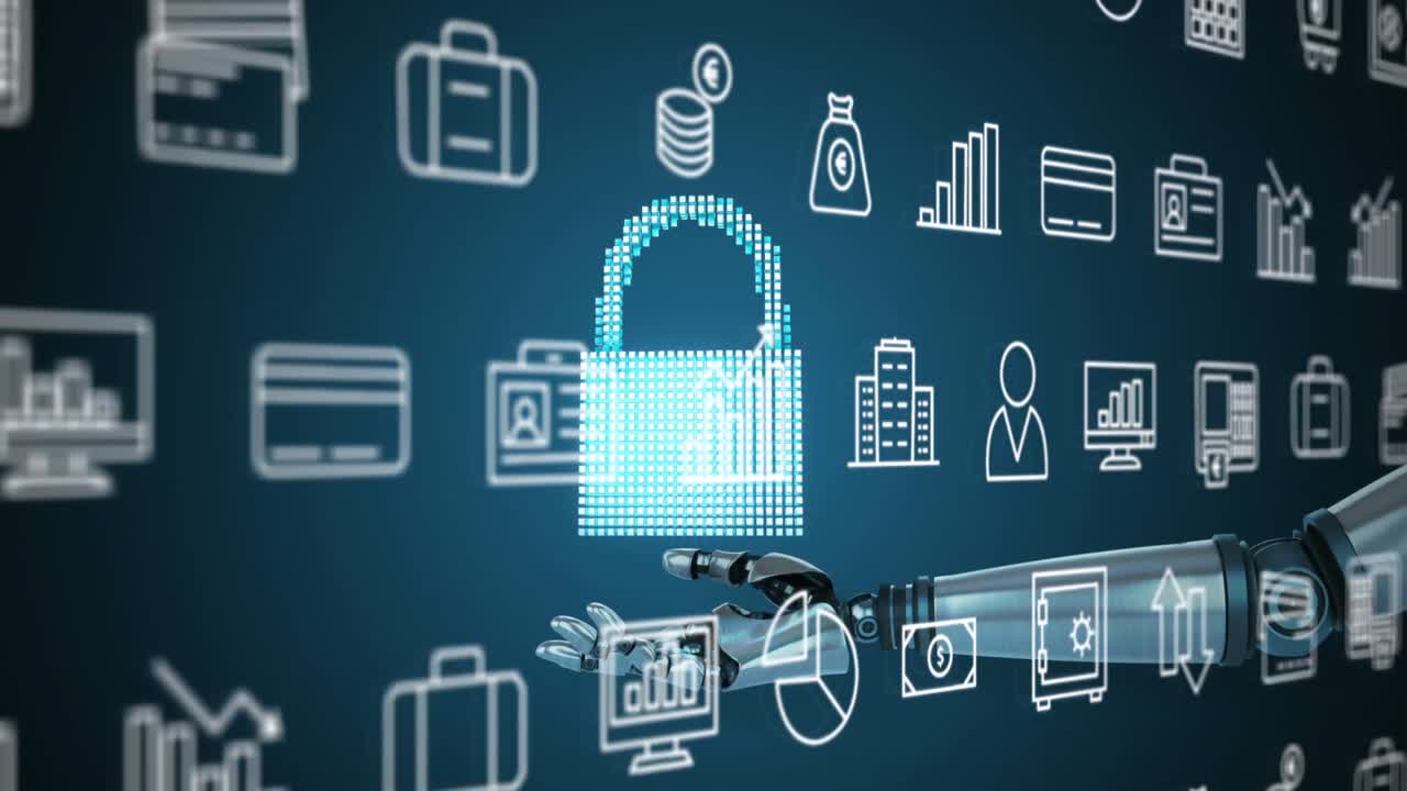 animación del brazo del robot con nube y candado sobre iconos financieros y de negocios