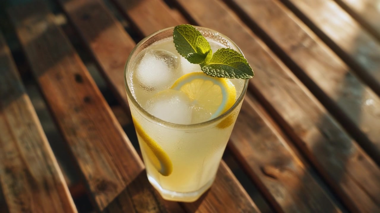 Bicchiere di limonata rinfrescante con ghiaccio e menta su tavolo di legno