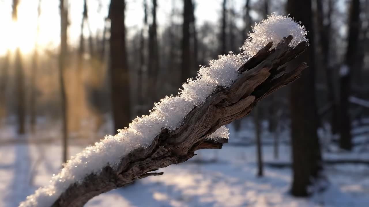 Nærbillede, lav vinkel af sneklædt gren i skov ved solopgang, perfekt til en fredfyldt vinter