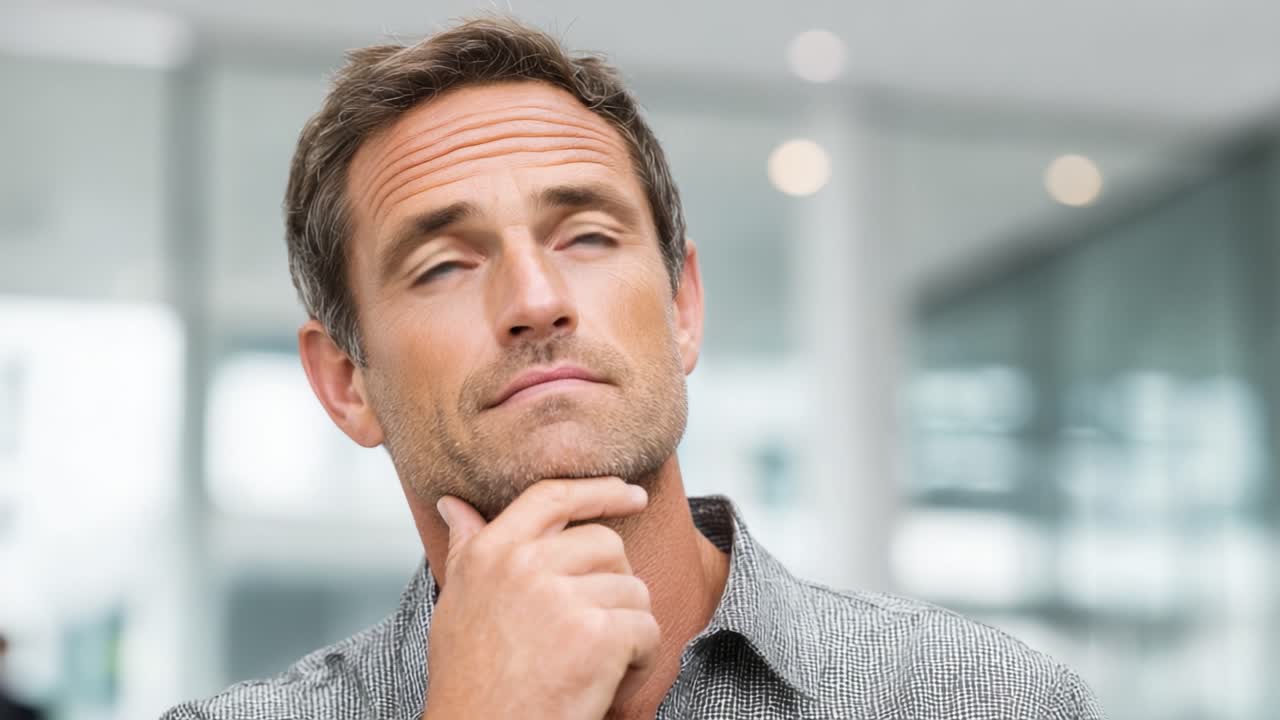 Uomo assorto nei pensieri: un momento di riflessione catturato in un ambiente minimalista, che evidenzia la profondità dell'emozione umana e dell'introspezione.