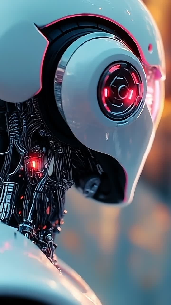 Futuristic robot with glowing features. A sleek robot in a modern urban setting features intricate designs and glowing elements that light up the area.