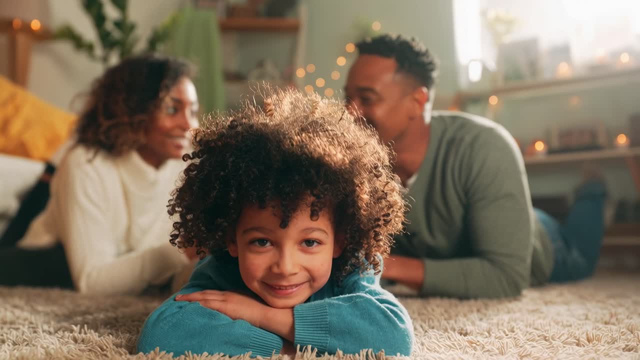 Momento familiare intimo catturato in un video con angolazione dal basso, che si concentra su un bambino sorridente in un ambiente domestico accogliente