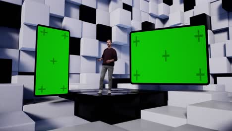 presentador de televisión en el estudio virtual de noticias con cubos blancos y negros.