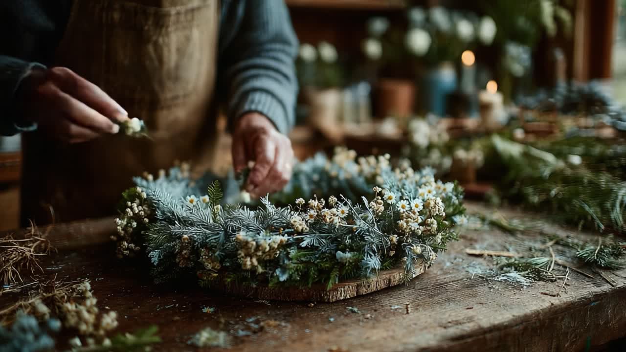 Artisan Craftsman Creating a Beautiful Floral Wreath with Greenery and Flowers on a Rustic Wooden Table in a Cozy Workshop Environment