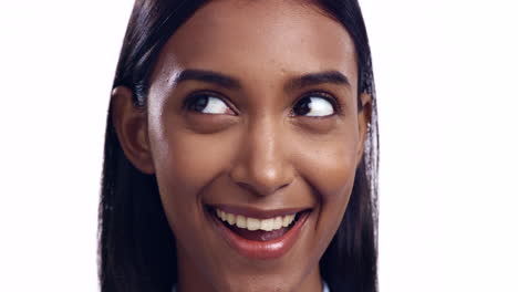 smile, thinking and face of a woman in studio