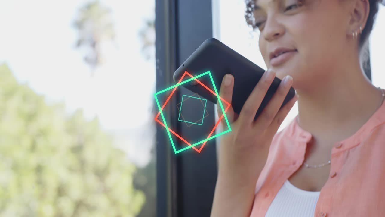 Woman tapping phone, raising to mouth and calling, showing tech neon squares rotating over phone