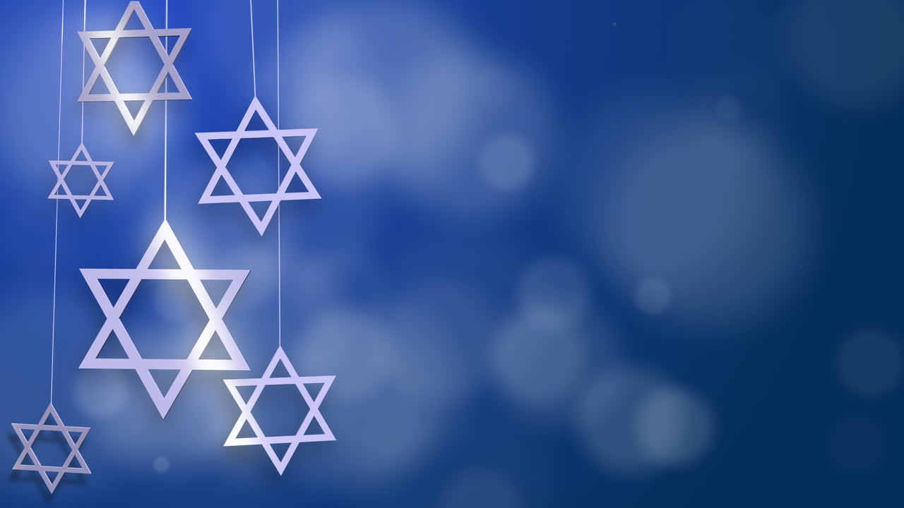White Jewish Stars of David spin on thin threads. Blue abstract animated background with hexagonal stars symbols of Israel.