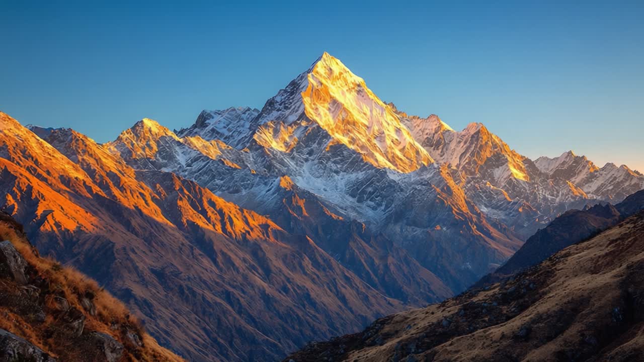 Alba Maestosa su Cime Innevate: Una Vista Mozzafiato delle Maestose Montagne Bagnate da Luce Dorata, Che Mostra la Grandezza della Natura nello Splendore Mattutino