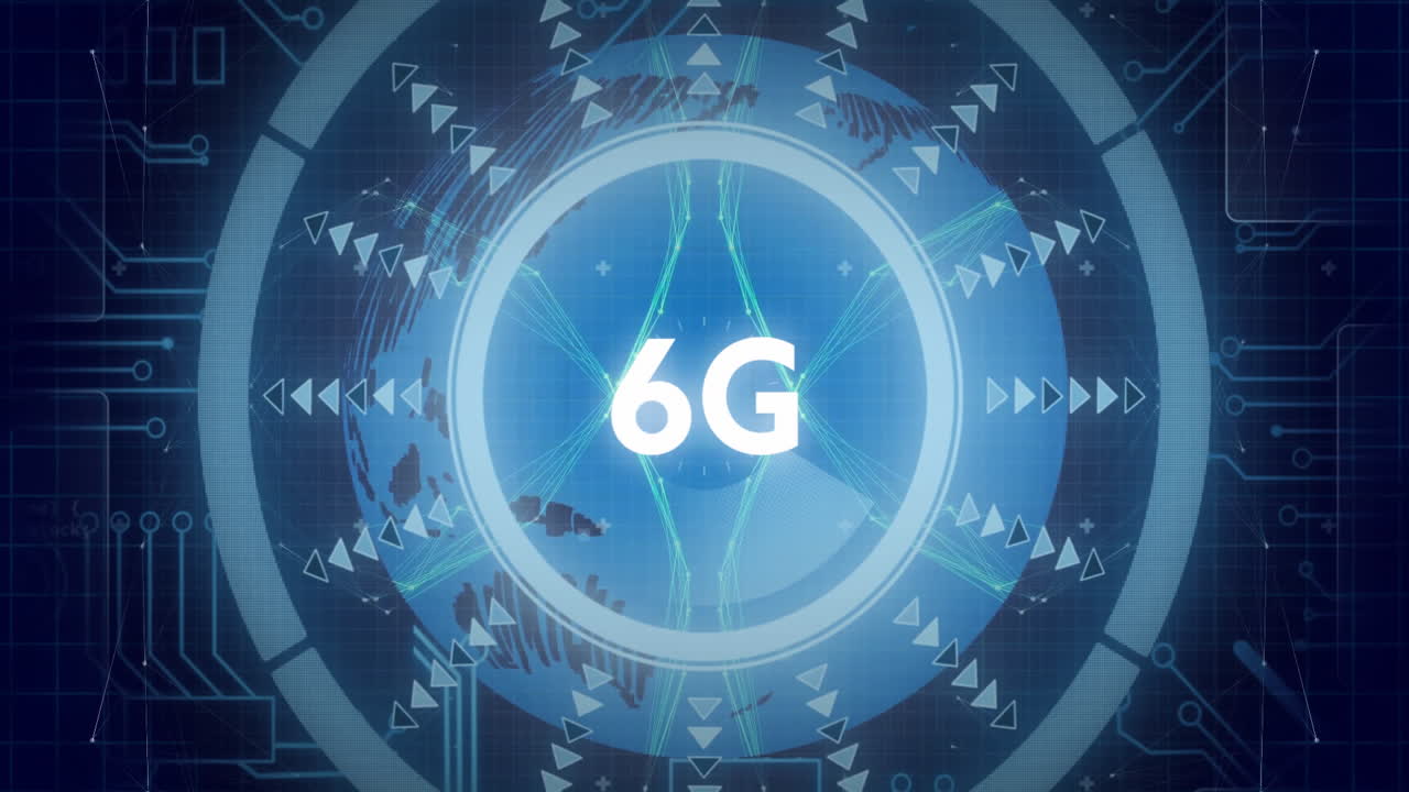 6g 기술 애니메이션은 기하학적 패턴을 가진 디지털 글로브를 통해 진행됩니다.