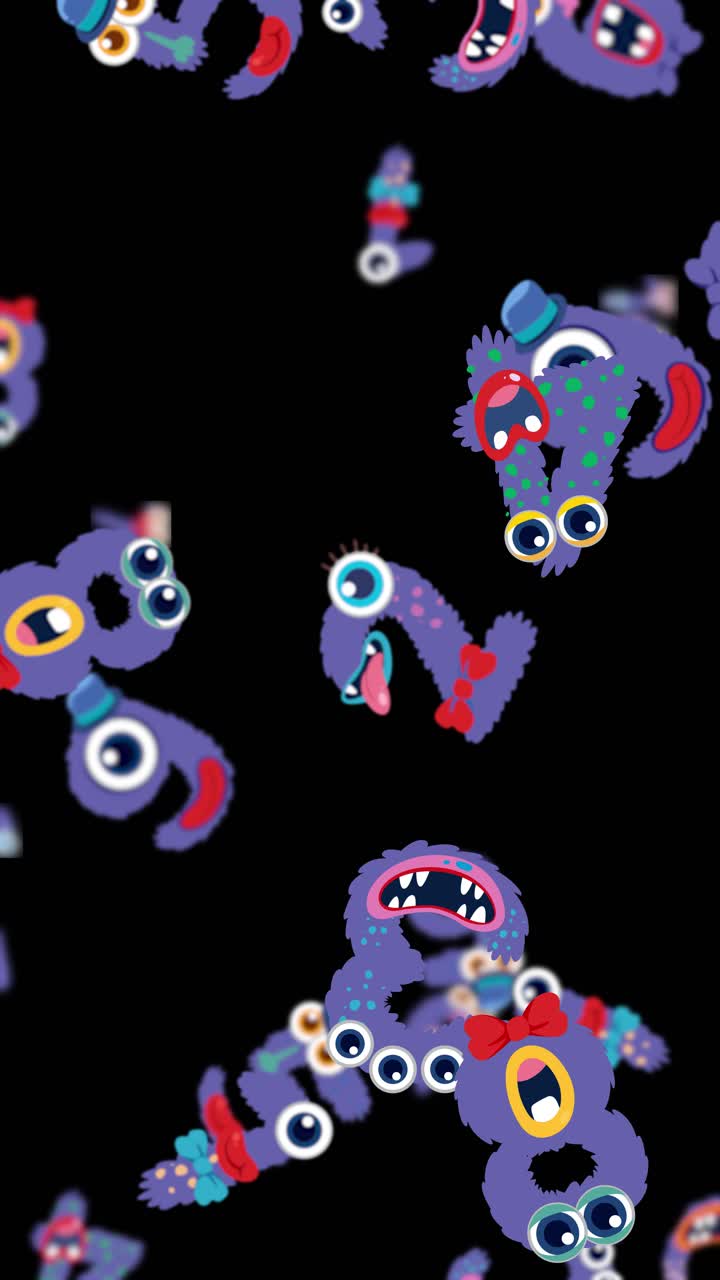 Colorful monsters animate dynamically against a black background, creating a lively and whimsical visual experience