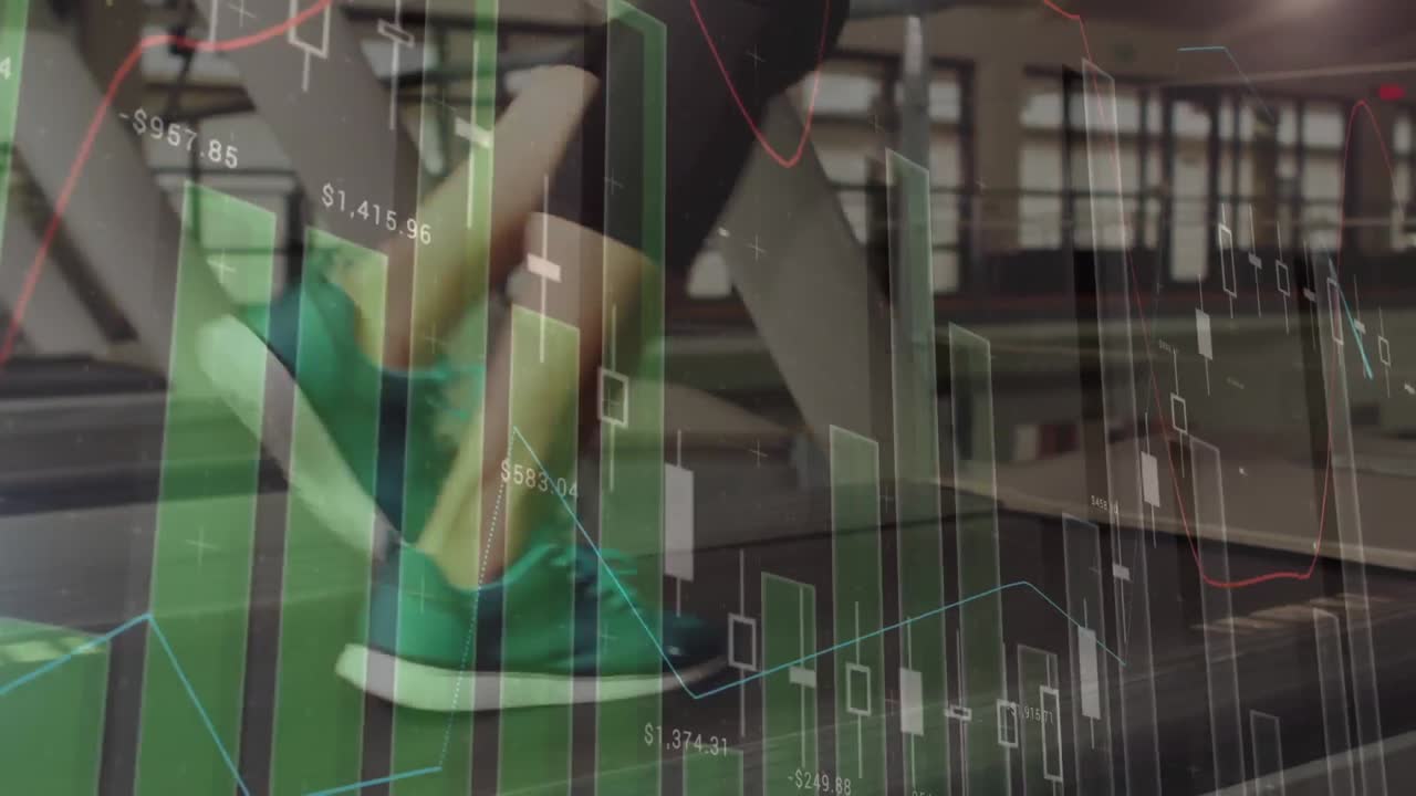 트레드밀에서 달리는 여성 운동선수와 함께 데이터 처리 애니메이션