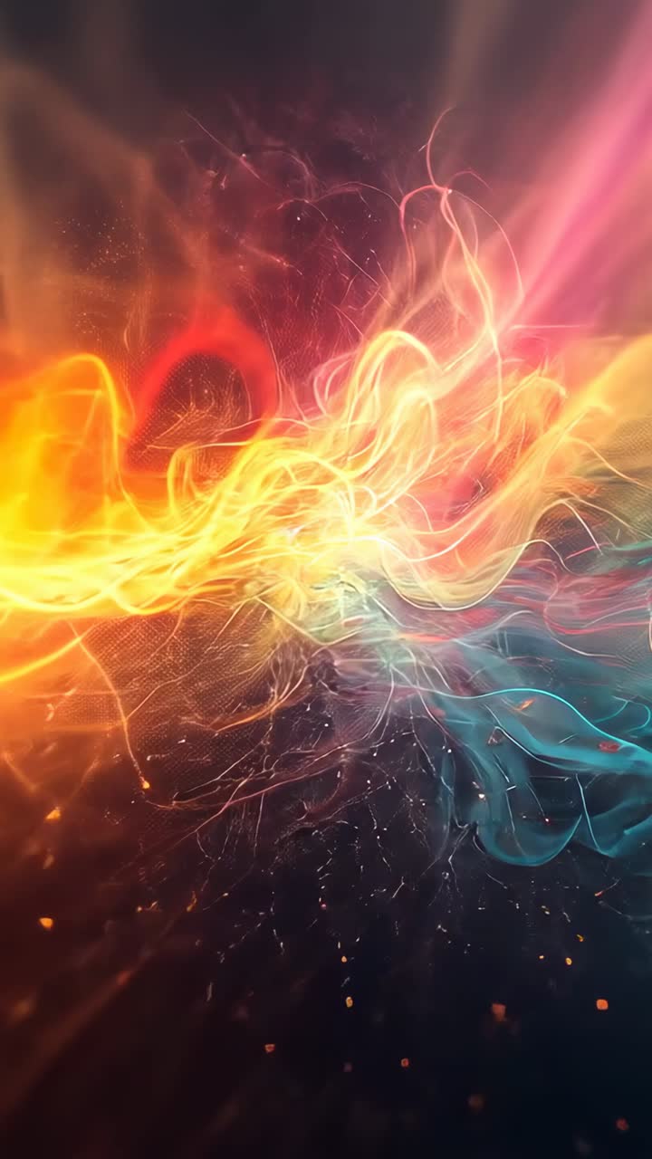 Vertical video: Flowing glowing ribbon evolving in dark void with pink glow rising blending colors