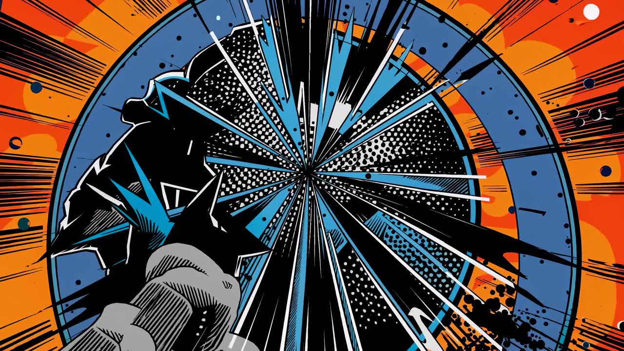 Dynamic comic-style explosion with bold colors and radial lines