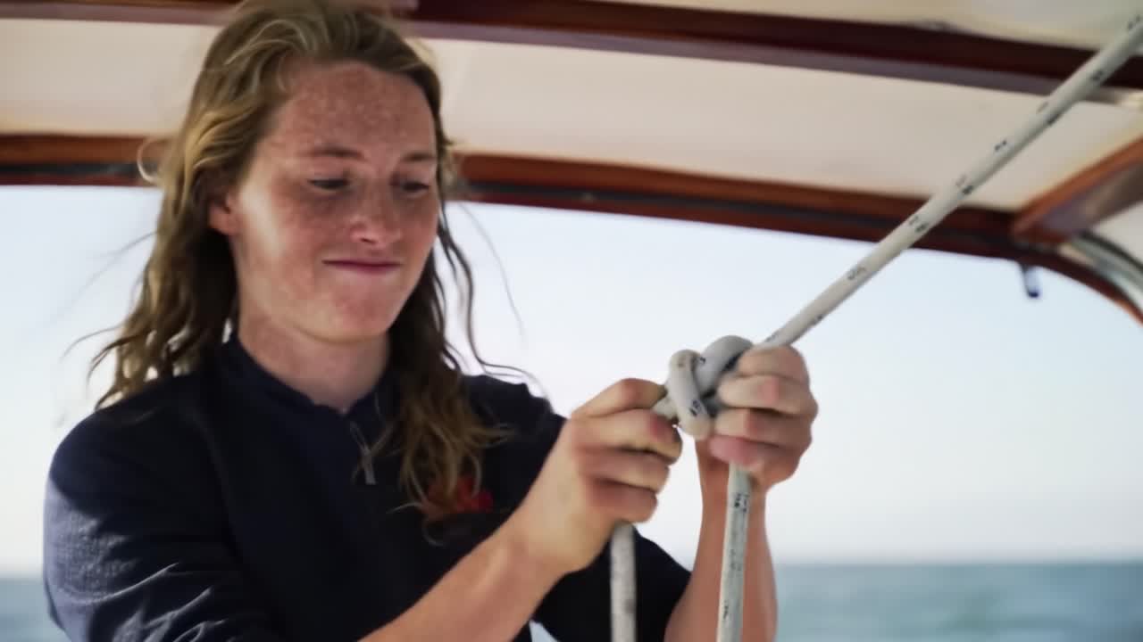 Sailing Enthusiast Mastering Knots on a Boat Amidst the Ocean's Breeze: Capturing the Art of Knot Tying with Focus and Precision in Choppy Waters