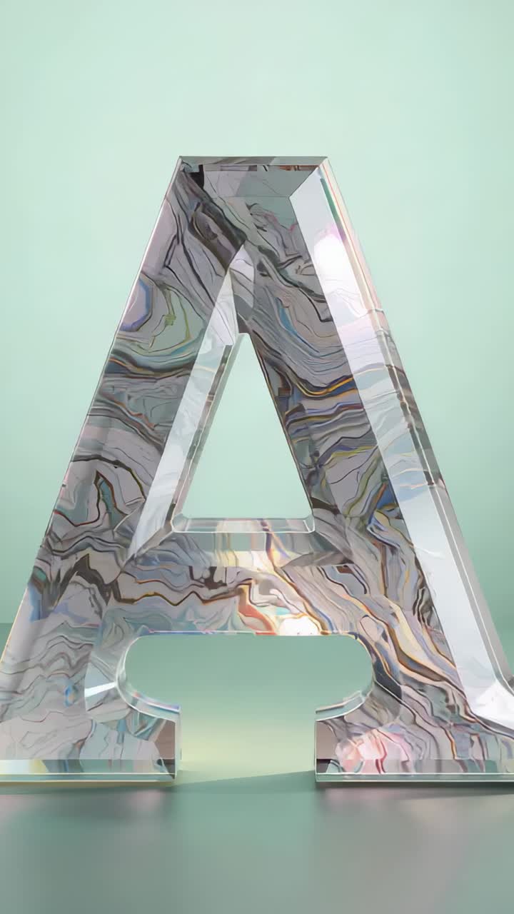 Vertical video: Rotating marbled letter A on platform in mint green studio after sequence starts
