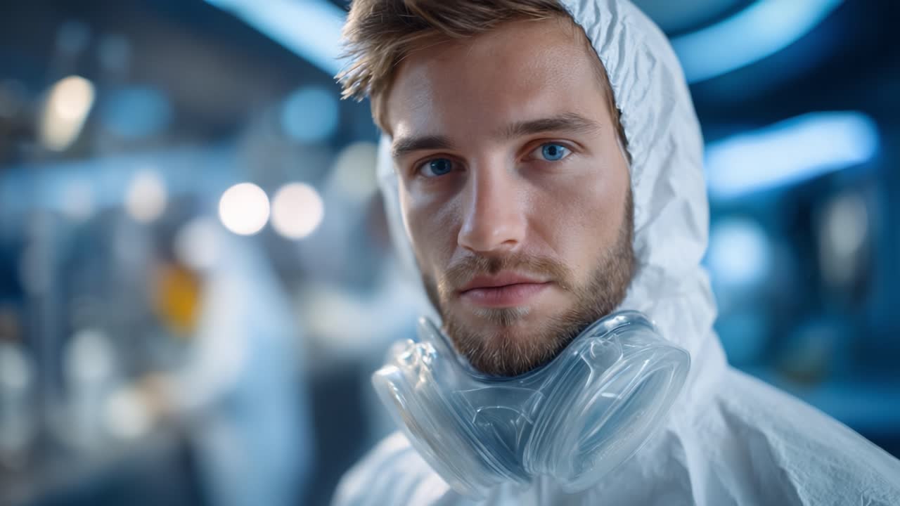 Ricercatore scientifico in tenuta protettiva concentrato sul lavoro in ambiente di laboratorio, a dimostrazione dell'impegno per la sicurezza e la precisione nelle procedure sperimentali