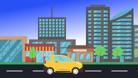 car driving rides around city side view, loop animation, flat design background