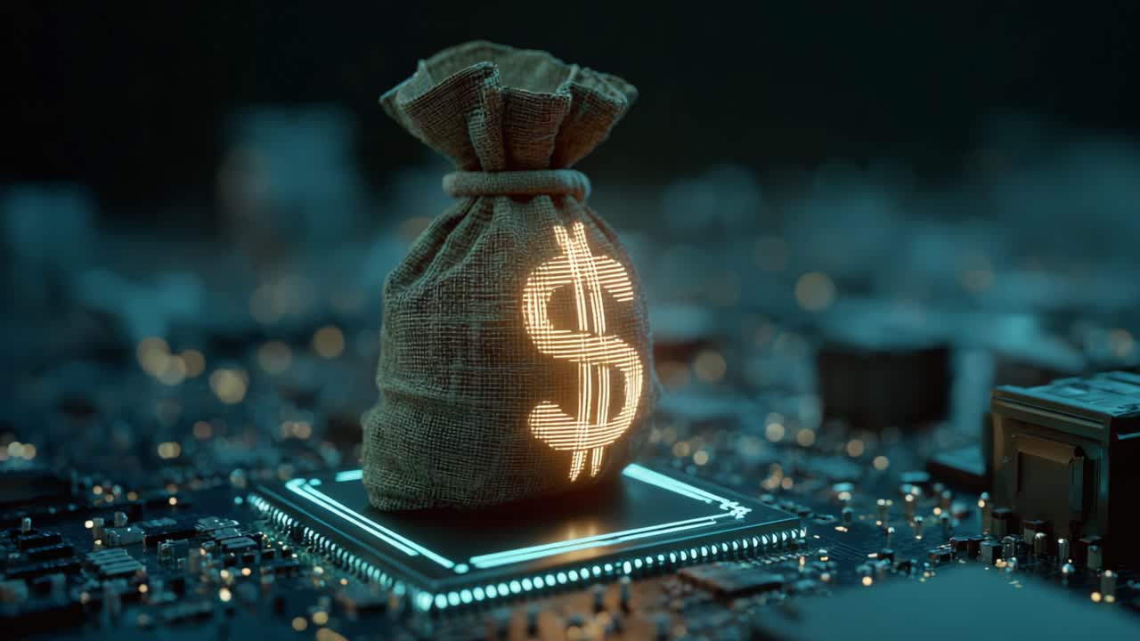 A Visually Striking Representation of a Money Bag Superimposed on a Circuit Board, Highlighting the Intersection of Finance and Technology in Modern Society