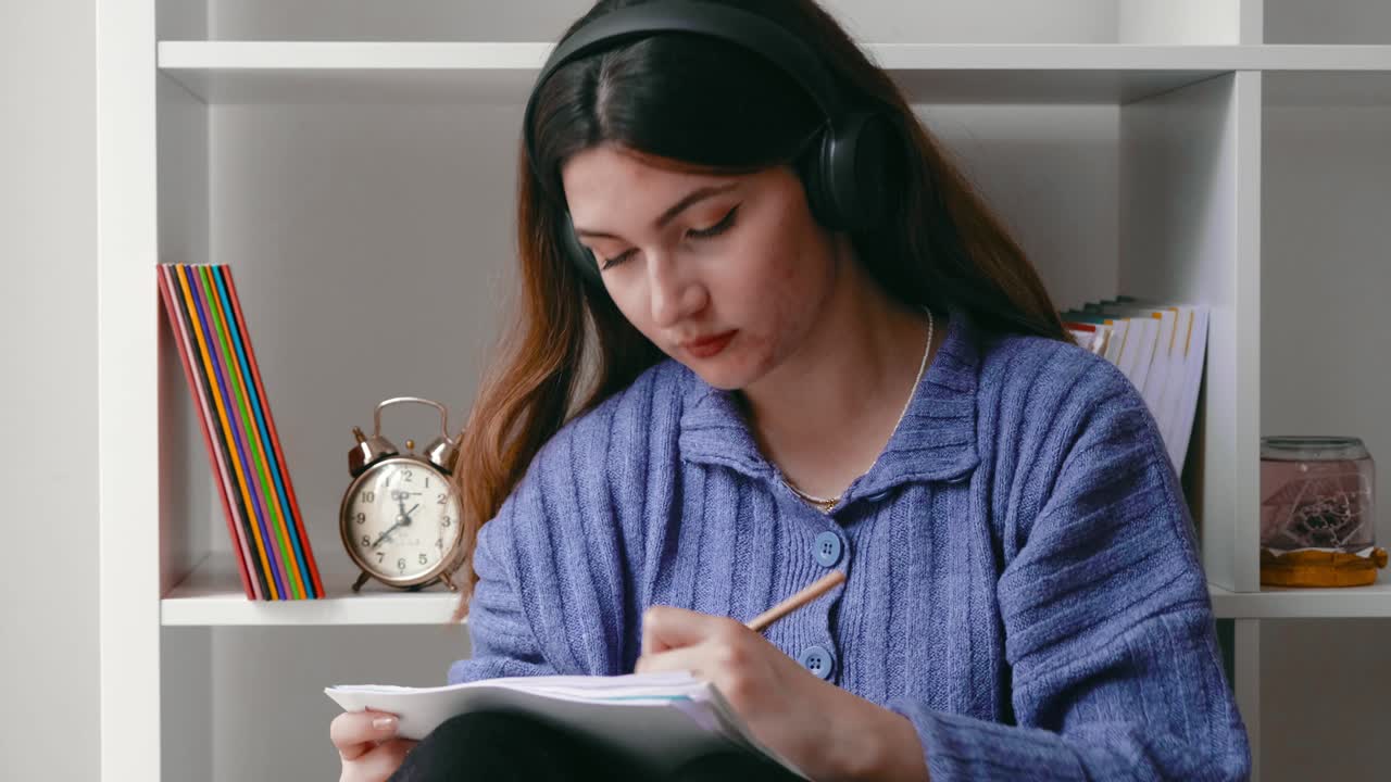 una joven alivia el estrés dibujando algo con música.