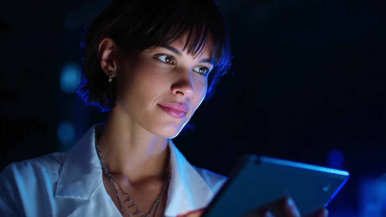 A woman engaged with a tablet device in a dimly lit environment, focused on the screen while showcasing a content expression, reflecting technology's impact on modern communication and interaction