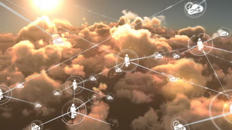 animation of network of connections with people icons over sky with clouds