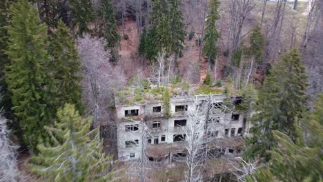 aerial: the abandoned sanatorium "brestovac" in the mountains of zagreb, croatia