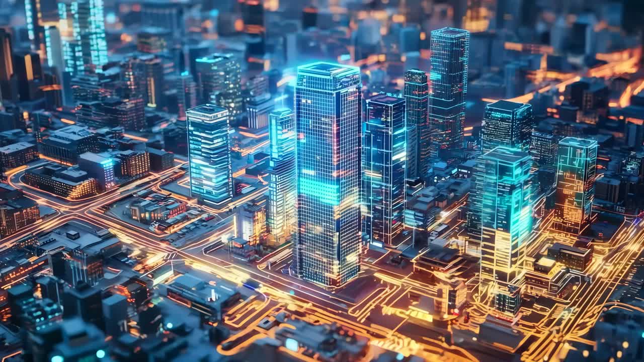 A city at night with a lot of tall buildings | Premium Stock Video Footage